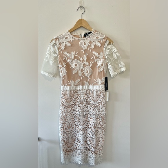 Lulu’s White and Nude Lace Midi Dress - Picture 2 of 11